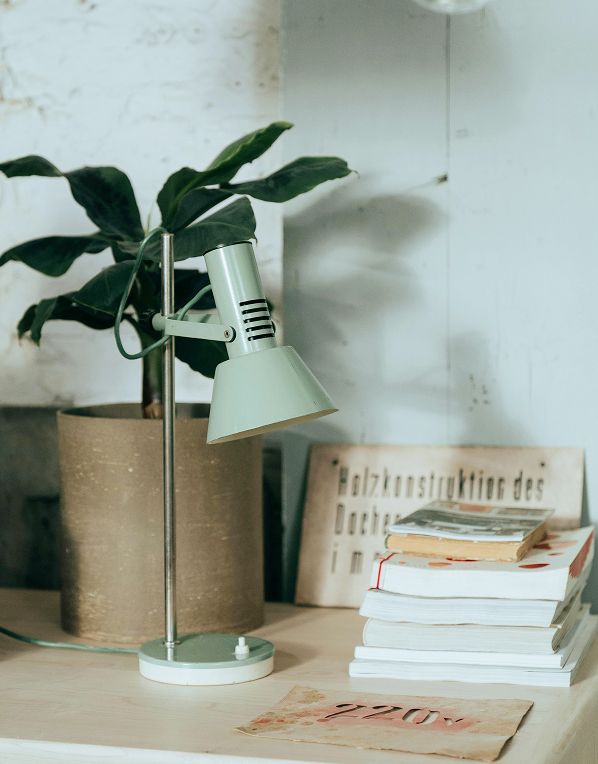 escritorio con una planta y lámpara de luz verde